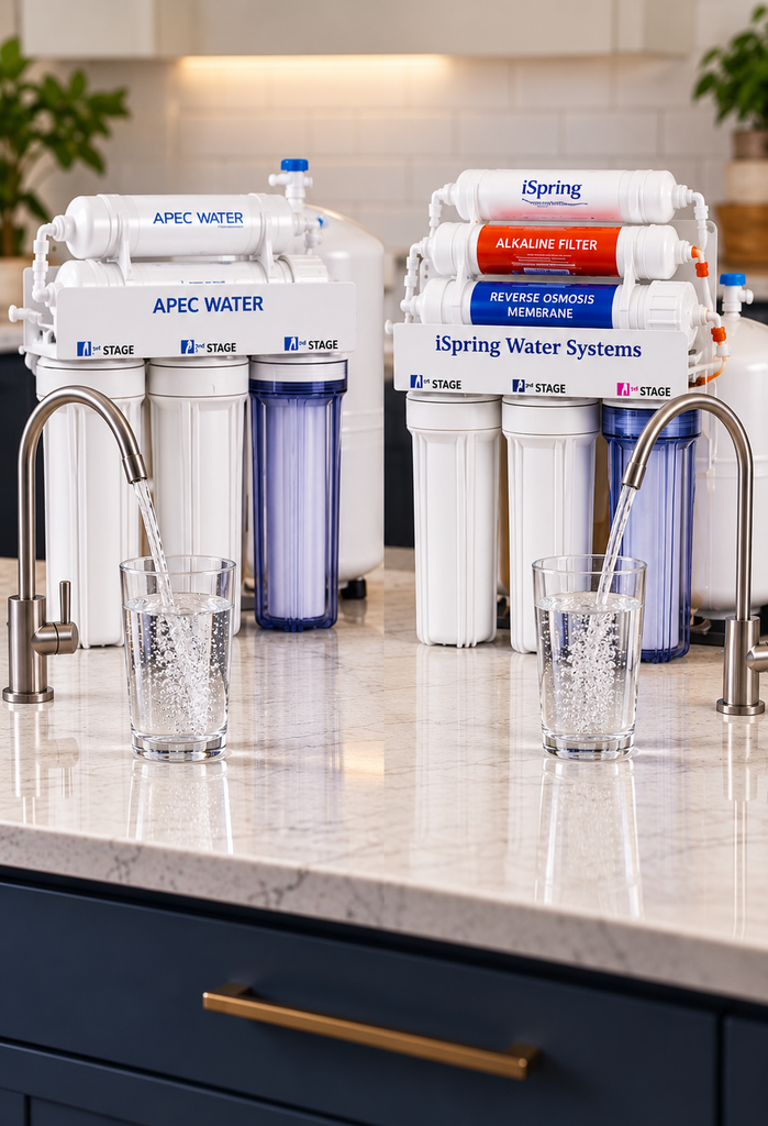APEC ROES-50 and iSpring RCC7AK reverse osmosis systems dispensing filtered water
