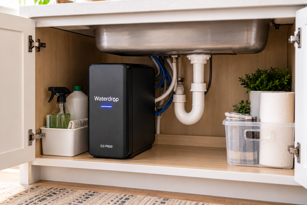 Waterdrop G3 P800 tankless reverse osmosis system installed under a kitchen sink