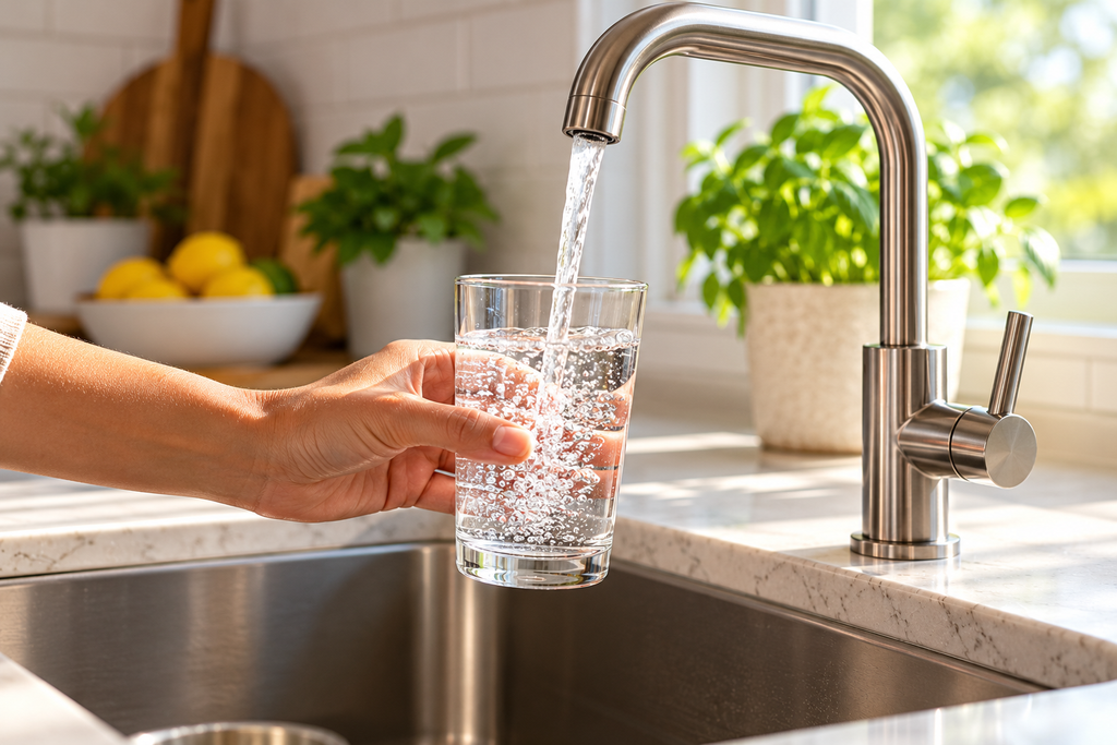 Glass being filled with filtered water from a kitchen faucet
