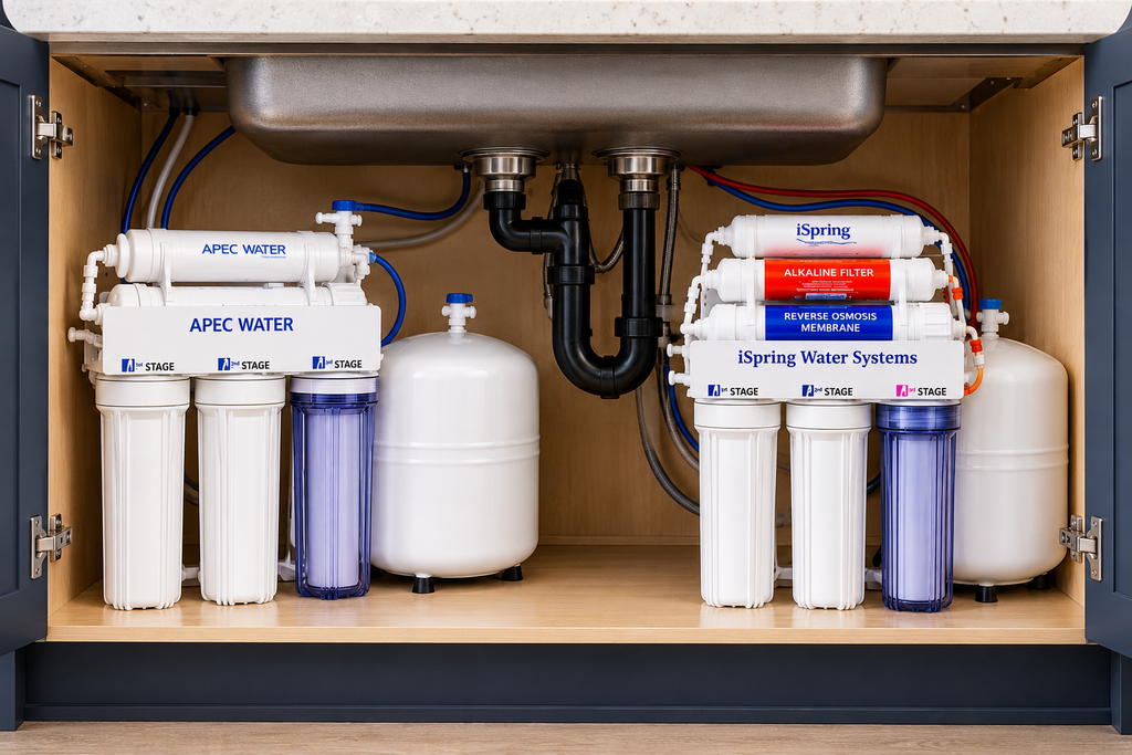APEC ROES-50 and iSpring RCC7AK reverse osmosis systems installed under a kitchen sink